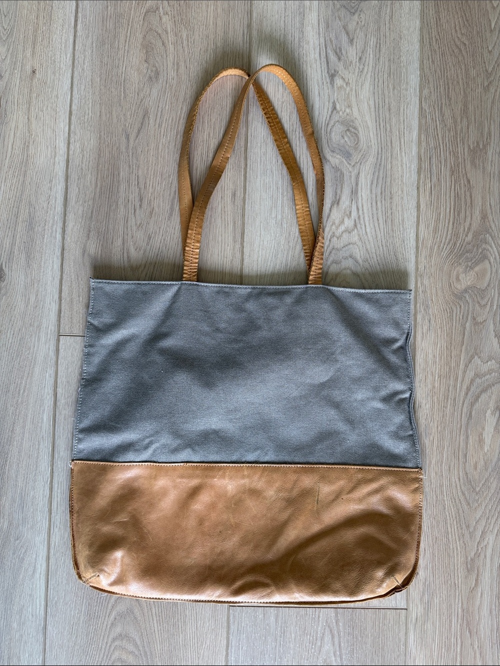 Hearth & Hand Magnolia Gray Canvas Tan Leather Tote Bag Shoulder Purse Everyday